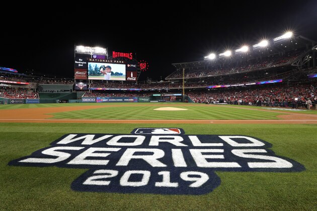 WASHINGTON, DC - OCTOBER 25:  A detail of the World Series logo prior to Game Three of the 2019 World Series between the Houston Astros and the Washington Nationals at Nationals Park on October 25, 2019 in Washington, DC. (Photo by Patrick Smith/Getty Images)