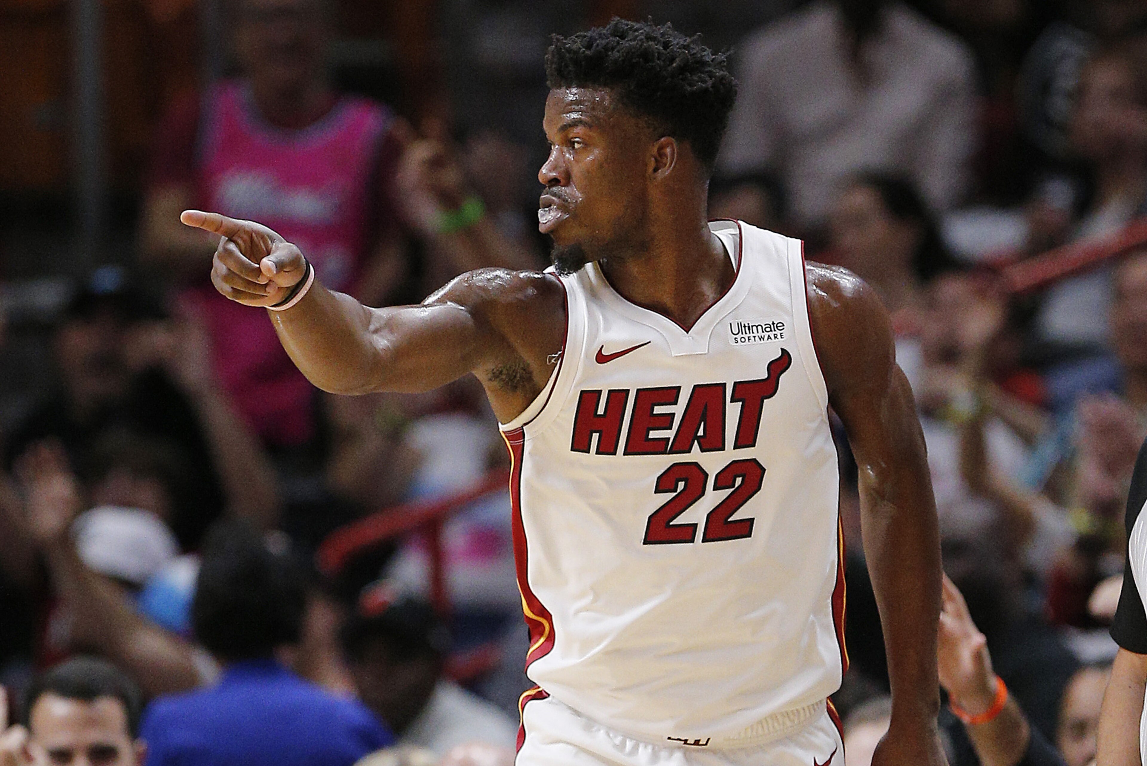 MIAMI, FLORIDA - OCTOBER 29:  Jimmy Butler #22 of the Miami Heat reacts after a basket against the Atlanta Hawks during the first half at American Airlines Arena on October 29, 2019 in Miami, Florida. NOTE TO USER: User expressly acknowledges and agrees that, by downloading and/or using this photograph, user is consenting to the terms and conditions of the Getty Images License Agreement. (Photo by Michael Reaves/Getty Images)
