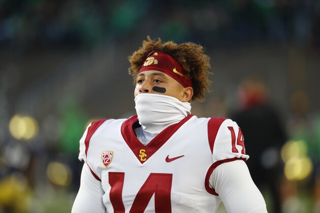 Southern California wide receiver Bru McCoy warms up before an NCAA college football game against Notre Dame in South Bend, Ind., Saturday, Oct. 12, 2019. (AP Photo/Paul Sancya)