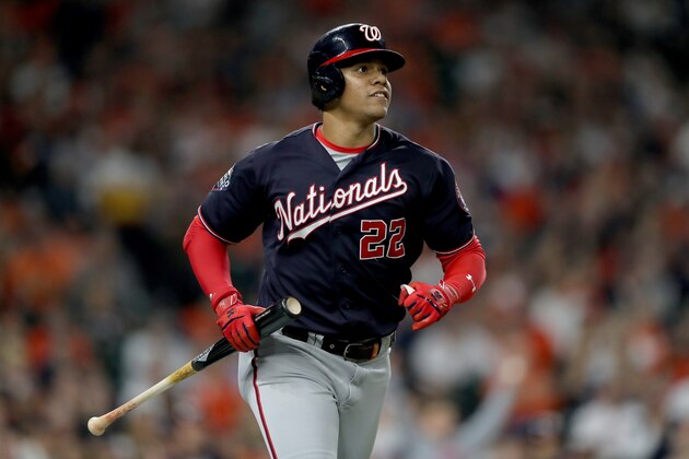 HOUSTON, TEXAS - OCTOBER 29:  Juan Soto #22 of the Washington Nationals watches his solo home run against the Houston Astros leave the park during the fifth inning in Game Six of the 2019 World Series at Minute Maid Park on October 29, 2019 in Houston, Texas. (Photo by Elsa/Getty Images)