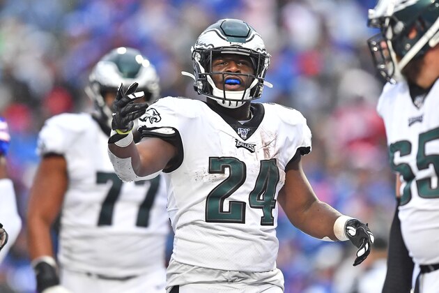 Philadelphia Eagles' Jordan Howard celebrates his touchdown during the second half of an NFL football game against the Buffalo Bills, Sunday, Oct. 27, 2019, in Orchard Park, N.Y. (AP Photo/Adrian Kraus)