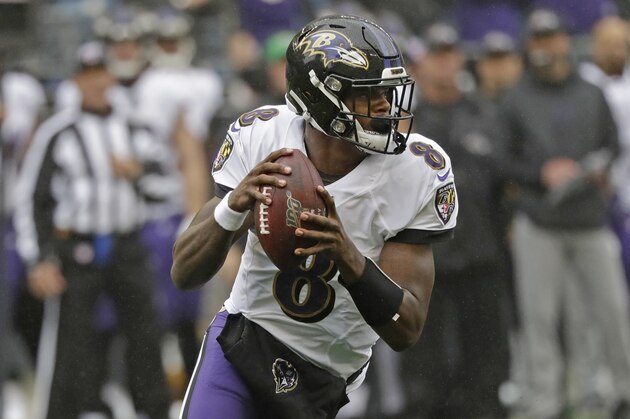 Baltimore Ravens quarterback Lamar Jackson passes against the Seattle Seahawks during an NFL football game, Sunday, Oct. 20, 2019, in Seattle. (AP Photo/Elaine Thompson)