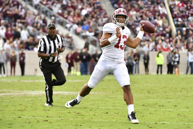 COLLEGE STATION, TEXAS - OCTOBER 12: Quarterback Tua Tagovailoa #13 of the Alabama Crimson Tide passes against Texas A&M Aggies at Kyle Field on October 12, 2019 in College Station, Texas. (Photo by Logan Riely/Getty Images)