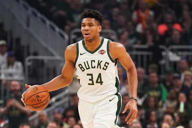 Milwaukee Bucks' Giannis Antetokounmpo dribbles during the first half of Game 5 of the NBA Eastern Conference basketball playoff finals against the Toronto Raptors Thursday, May 23, 2019, in Milwaukee. (AP Photo/Morry Gash)