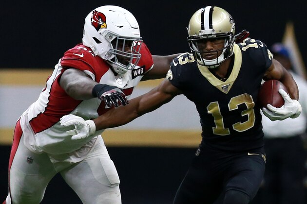 NEW ORLEANS, LOUISIANA - OCTOBER 27: Michael Thomas #13 of the New Orleans Saints runs the ball  during a NFL game against the Arizona Cardinals at the Mercedes Benz Superdome on October 27, 2019 in New Orleans, Louisiana. (Photo by Sean Gardner/Getty Images)