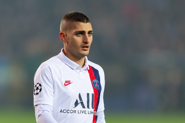 BRUGGE, BELGIUM - OCTOBER 22: Marco Verratti of Paris Saint-Germain looks on during the UEFA Champions League group A match between Club Brugge KV and Paris Saint-Germain at Jan Breydel Stadium on October 22, 2019 in Brugge, Belgium. (Photo by TF-Images/Getty Images)