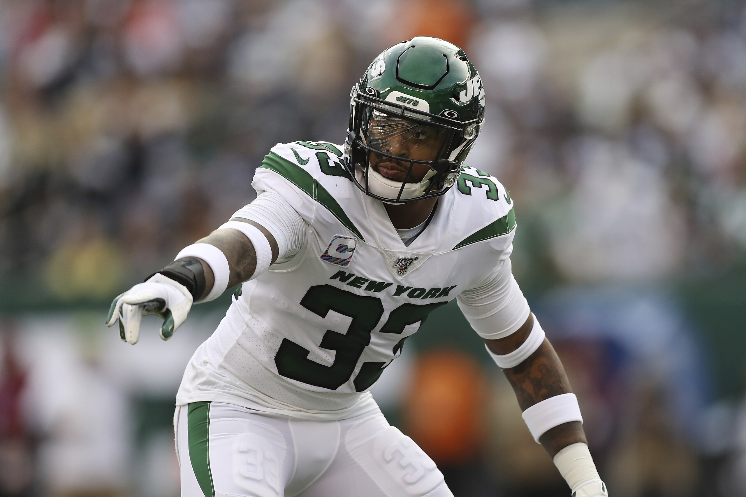 New York Jets strong safety Jamal Adams (33) points something out before a play during the first half of an NFL football game against the Dallas Cowboys, Sunday, Oct. 13, 2019, in East Rutherford, N.J. (AP Photo/Steve Luciano)