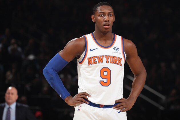 NEW YORK, NY - OCTOBER 28: RJ Barrett #9 of the New York Knicks looks on during the game against the Chicago Bulls on October 28, 2019 at Madison Square Garden in New York City, New York. NOTE TO USER: User expressly acknowledges and agrees that, by downloading and or using this photograph, User is consenting to the terms and conditions of the Getty Images License Agreement. Mandatory Copyright Notice: Copyright 2019 NBAE (Photo by Nathaniel S. Butler/NBAE via Getty Images)