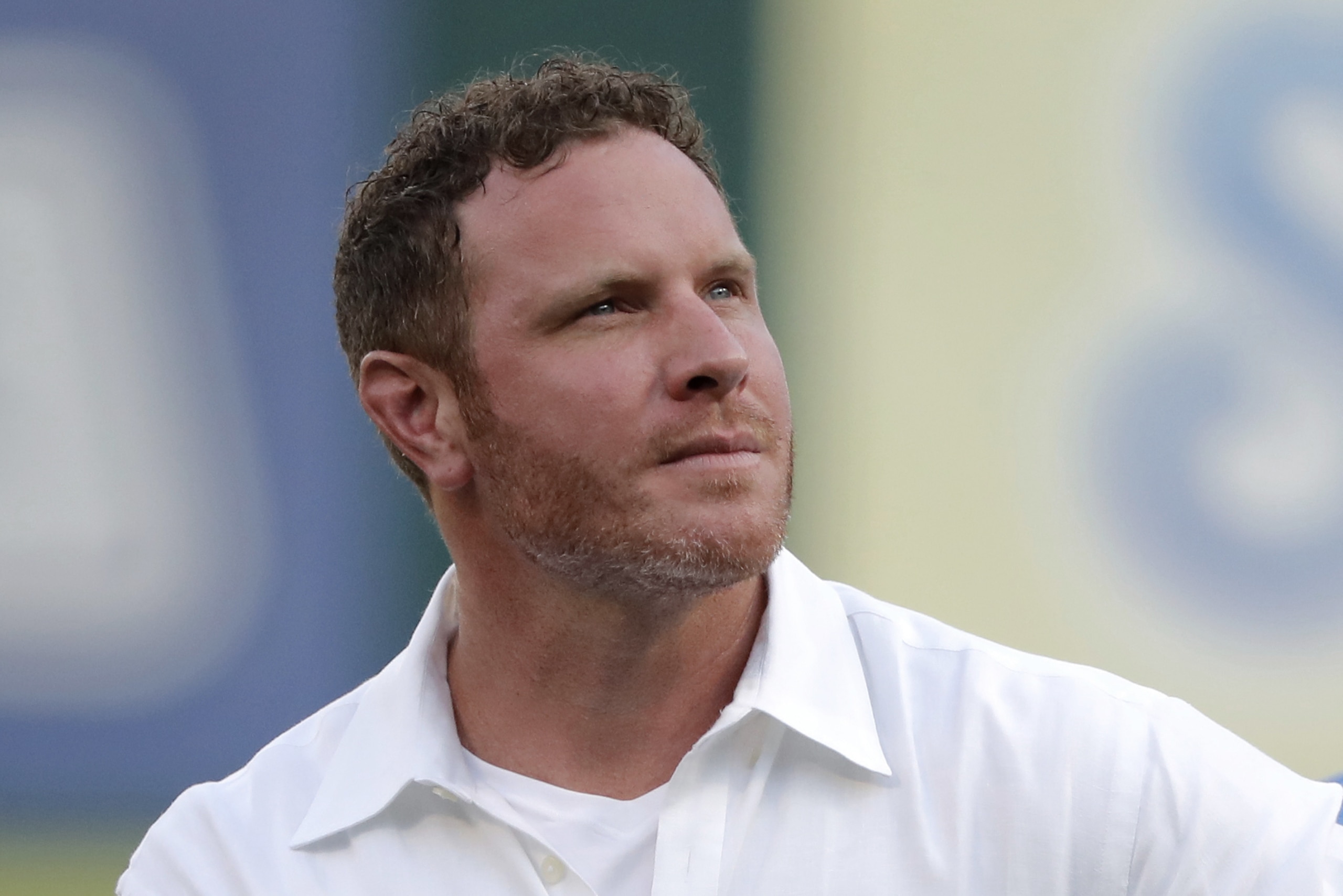 Former player Josh Hamilton participates in a club hall of fame induction ceremony where Hamilton was honored before a baseball game against the Minnesota Twins in Arlington, Texas, Saturday, Aug. 17, 2019. (AP Photo/Tony Gutierrez)