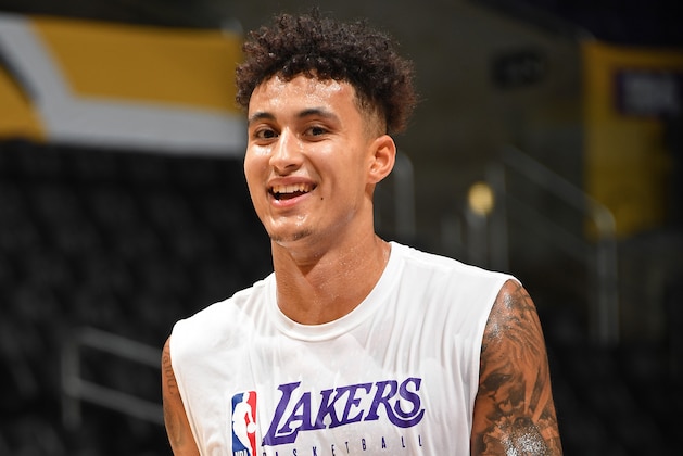 LOS ANGELES, CA - OCTOBER 29: Kyle Kuzma #0 of the Los Angeles Lakers smiles and warms up before the game against the Memphis Grizzlies on October 29, 2019 at STAPLES Center in Los Angeles, California. NOTE TO USER: User expressly acknowledges and agrees that, by downloading and/or using this Photograph, user is consenting to the terms and conditions of the Getty Images License Agreement. Mandatory Copyright Notice: Copyright 2019 NBAE (Photo by Andrew D. Bernstein/NBAE via Getty Images)