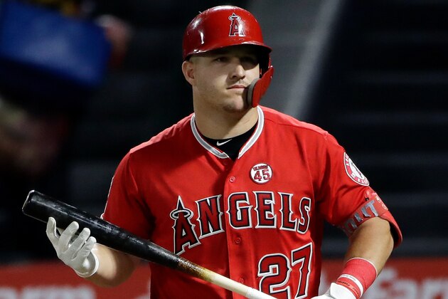 Los Angeles Angels' Mike Trout during a baseball game against the Texas Rangers Tuesday, Aug 27, 2019, in Anaheim, Calif. (AP Photo/Marcio Jose Sanchez)