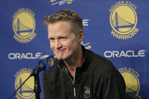 Golden State Warriors head coach Steve Kerr speaks at a news conference before an NBA basketball game between the Warriors and the Atlanta Hawks in Oakland, Calif., Tuesday, Nov. 13, 2018. Warriors All-Star forward Draymond Green was suspended one game without pay by Golden State on Tuesday for conduct detrimental to the team. (AP Photo/Jeff Chiu)