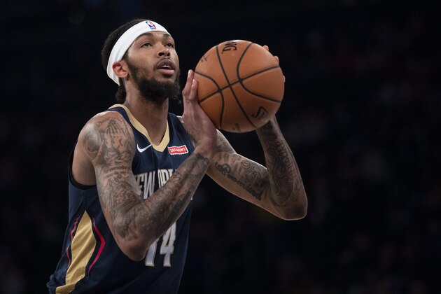 New Orleans Pelicans forward Brandon Ingram shoots a free throw during the first half of a preseason NBA basketball game against the New York Knicks, Friday, Oct. 18, 2019, at Madison Square Garden in New York. (AP Photo/Mary Altaffer)