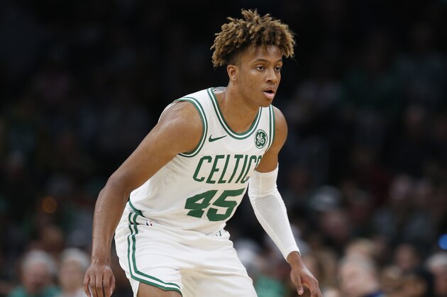 Boston Celtics' Romeo Langford plays against the Cleveland Cavaliers during an NBA preseason basketball game in Boston, Sunday, Oct. 13, 2019. (AP Photo/Michael Dwyer)