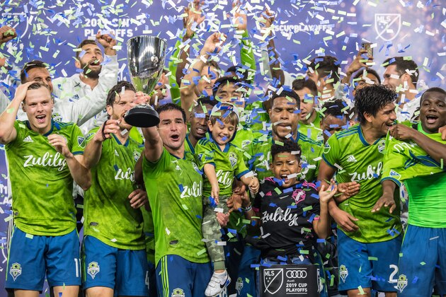 LOS ANGELES, CA - OCTOBER 29:   Seattle Sounders celebrates the MLS Western Conference Final between Los Angeles FC and Seattle Sounders at the Banc of California Stadium on October 29, 2019 in Los Angeles, California.  Seattle Sounders won the match 3-1 (Photo by Shaun Clark/Getty Images)