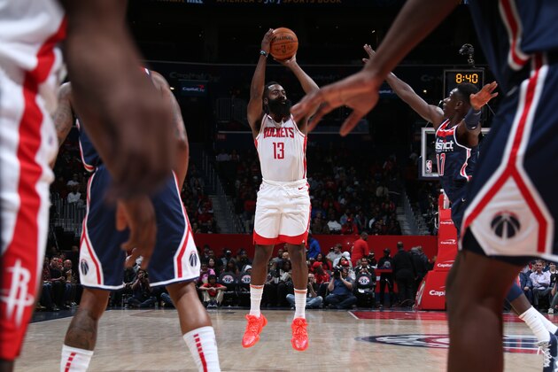 WASHINGTON, DC -  OCTOBER 30: James Harden #13 of the Houston Rockets shoots the ball against the Washington Wizards on October 30, 2019 at Capital One Arena in Washington, DC. NOTE TO USER: User expressly acknowledges and agrees that, by downloading and or using this Photograph, user is consenting to the terms and conditions of the Getty Images License Agreement. Mandatory Copyright Notice: Copyright 2019 NBAE (Photo by Stephen Gosling/NBAE via Getty Images)