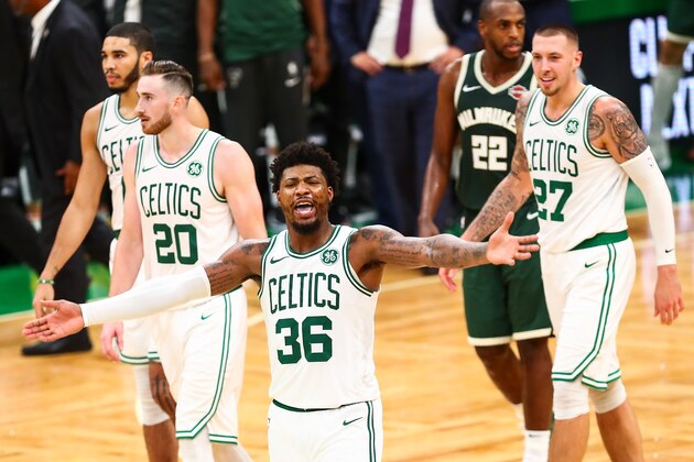 BOSTON, MA - OCTOBER 30:  Marcus Smart #36 of the Boston Celtics reacts in the fourth quarter of a game against the Milwaukee Bucks at TD Garden on October 30, 2019 in Boston, Massachusetts. NOTE TO USER: User expressly acknowledges and agrees that, by downloading and or using this photograph, User is consenting to the terms and conditions of the Getty Images License Agreement. (Photo by Adam Glanzman/Getty Images)