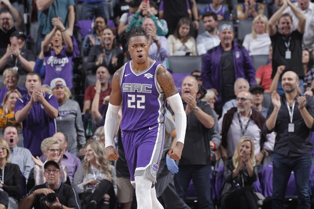 SACRAMENTO, CA - OCTOBER 25: Richaun Holmes #22 of the Sacramento Kings reacts during the game against the Portland Trail Blazers on October 25, 2019 at Golden 1 Center in Sacramento, California. NOTE TO USER: User expressly acknowledges and agrees that, by downloading and or using this photograph, User is consenting to the terms and conditions of the Getty Images Agreement. Mandatory Copyright Notice: Copyright 2019 NBAE (Photo by Rocky Widner/NBAE via Getty Images)