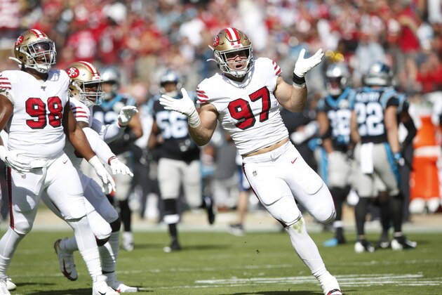 SANTA CLARA, CA - OCTOBER 27: Nick Bosa #97 of the San Francisco 49ers celebrates after sacking Kyle Allen #7 of the Carolina Panthers during the game at Levi's Stadium on October 27, 2019 in Santa Clara, California. The 49ers defeated the Panthers 51-13. (Photo by Michael Zagaris/San Francisco 49ers/Getty Images)