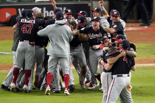 Washington Nationals celebrate after Game 7 of the baseball World Series against the Houston Astros Wednesday, Oct. 30, 2019, in Houston. The Nationals won 6-2 to win the series. (AP Photo/Eric Gay)