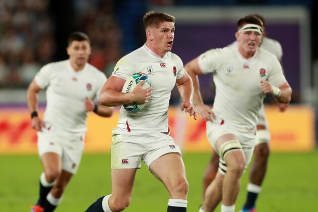 YOKOHAMA, JAPAN - OCTOBER 26: England captain Owen Farrell breaks with the ball during the Rugby World Cup 2019 Semi-Final match between England and New Zealand at International Stadium Yokohama on October 26, 2019 in Yokohama, Kanagawa, Japan. (Photo by David Rogers/Getty Images)