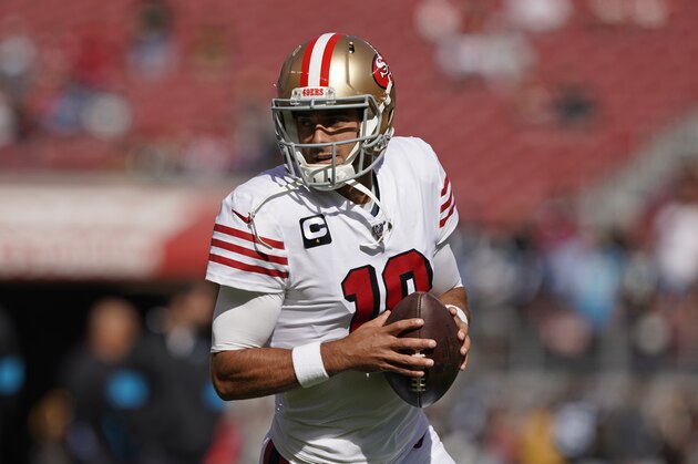 San Francisco 49ers quarterback Jimmy Garoppolo before an NFL football game against the Carolina Panthers in Santa Clara, Calif., Sunday, Oct. 27, 2019. (AP Photo/Tony Avelar)