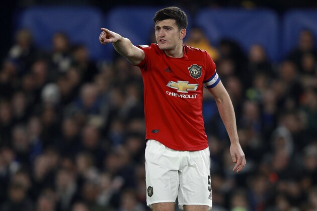 Manchester United's Harry Maguire gestures during the English League Cup soccer match between Chelsea and Manchester United at Stamford Bridge in London, Wednesday, Oct. 30, 2019. (AP Photo/Ian Walton)