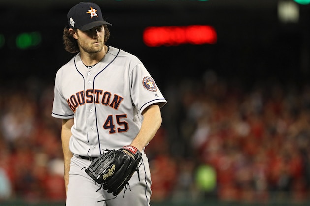 WASHINGTON, DC - OCTOBER 27: Gerrit Cole #45 of the Houston Astros reacts against the Washington Nationals in Game Five of the 2019 World Series at Nationals Park on October 27, 2019 in Washington, DC. (Photo by Patrick Smith/Getty Images)