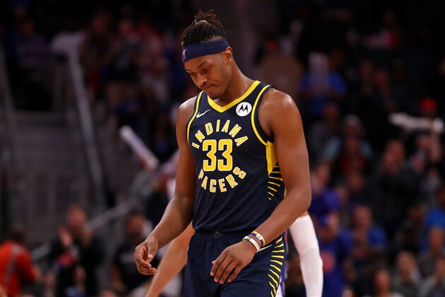 DETROIT, MICHIGAN - OCTOBER 28:  Myles Turner #33 of the Indiana Pacers reacts after a loss to the Detroit Pistons at Little Caesars Arena on October 28, 2019 in Detroit, Michigan. Detroit won the game 96-94. NOTE TO USER: User expressly acknowledges and agrees that, by downloading and/or using this photograph, user is consenting to the terms and conditions of the Getty Images License Agreement. (Photo by Gregory Shamus/Getty Images)