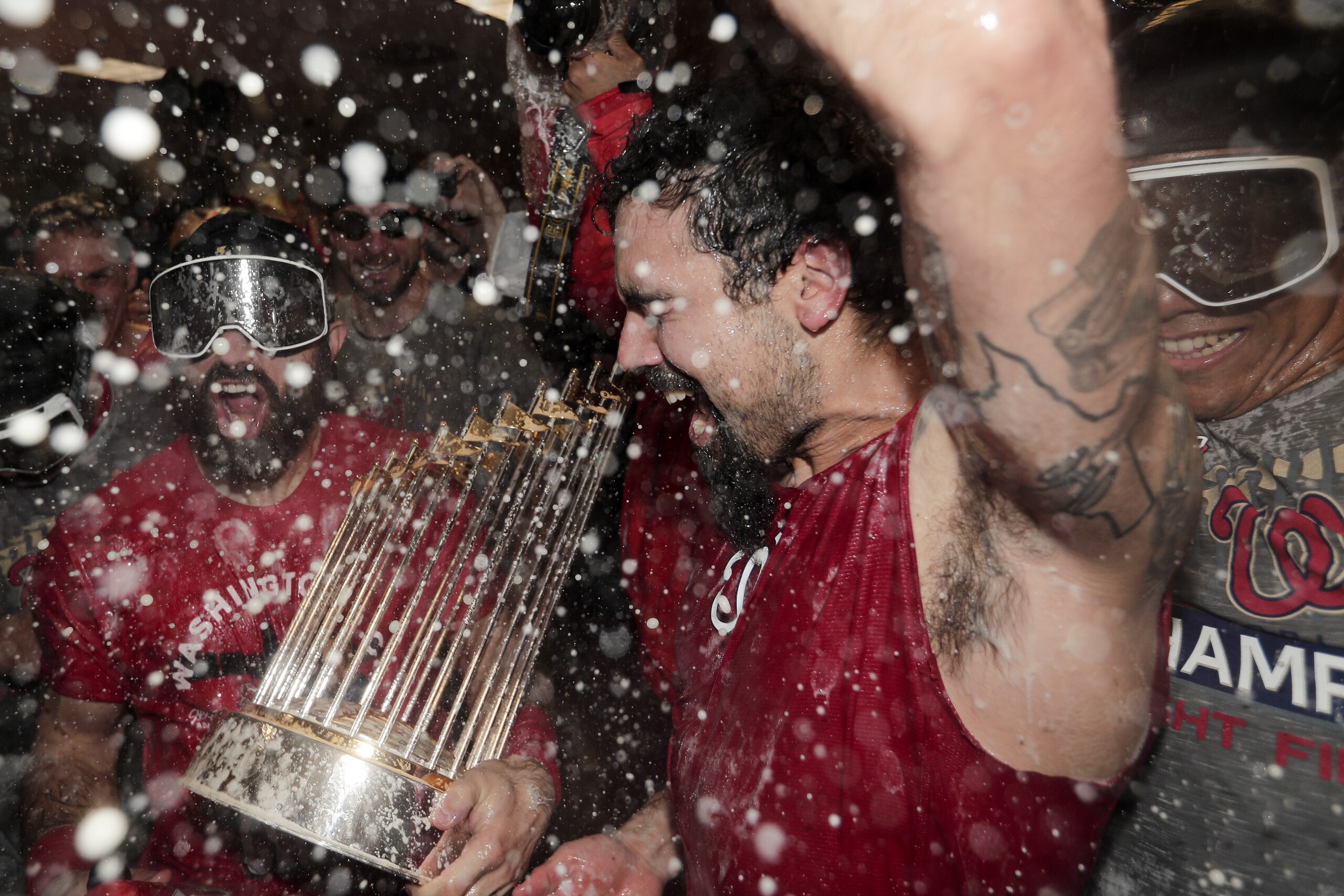 Washington Nationals third baseman Anthony Rendon and Adam Eaton celebrate in the locker room after Game 7 of the baseball World Series against the Houston Astros Wednesday, Oct. 30, 2019, in Houston. The Nationals won 6-2 to win the series. (AP Photo/David J. Phillip) Washington Nationals third baseman Anthony Rendon and Adam Eaton celebrate in the locker room after Game 7 of the baseball World Series against the Houston Astros Wednesday, Oct. 30, 2019, in Houston. The Nationals won 6-2 to win the series. (AP Photo/David J. Phillip)