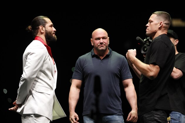 NEW YORK, NEW YORK - SEPTEMBER 19: Jorge Masvidal and Nate Diaz face off during a press conference ahead of UFC 244 at The Rooftop at Pier 17 on September 19, 2019 in New York City. (Photo by Michael Owens/Zuffa LLC/Zuffa LLC)