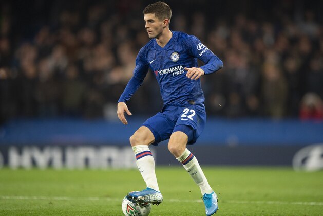 LONDON, ENGLAND - OCTOBER 30: Christian Pulisic of Chelsea  during the Carabao Cup Round of 16 match between Chelsea and Manchester United at Stamford Bridge on October 30, 2019 in London, England. (Photo by Visionhaus)