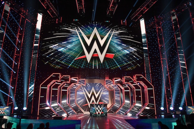 LAS VEGAS, NEVADA - OCTOBER 11:  WWE logos are shown on screens before a WWE news conference at T-Mobile Arena on October 11, 2019 in Las Vegas, Nevada. It was announced that WWE wrestler Braun Strowman will face heavyweight boxer Tyson Fury and WWE champion Brock Lesnar will take on former UFC heavyweight champion Cain Velasquez at the WWE's Crown Jewel event at Fahd International Stadium in Riyadh, Saudi Arabia on October 31.  (Photo by Ethan Miller/Getty Images)