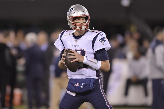 New England Patriots quarterback Tom Brady (12) warms up before an NFL football game against the New York Jets Monday, Oct. 21, 2019, in East Rutherford, N.J. (AP Photo/Bill Kostroun)
