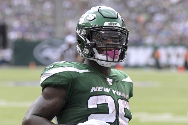 New York Jets running back Le'Veon Bell (26) reacts during the second half of an NFL football game against the Buffalo Bills Sunday, Sept. 8, 2019, in East Rutherford, N.J. (AP Photo/Bill Kostroun)
