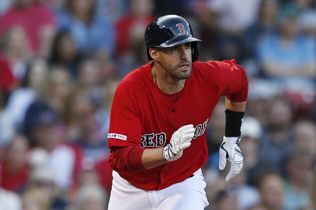 Boston Red Sox's J.D. Martinez plays against the Baltimore Orioles during the sixth inning of a baseball game in Boston, Sunday, Sept. 29, 2019. (AP Photo/Michael Dwyer)