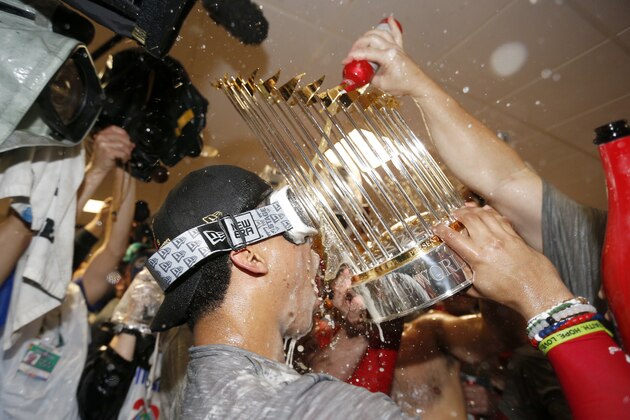 HOUSTON, TEXAS - OCTOBER 30:  Juan Soto #22 of the Washington Nationals celebrates in the locker room after defeating the Houston Astros in Game Seven to win the 2019 World Series at Minute Maid Park on October 30, 2019 in Houston, Texas. The Washington Nationals defeated the Houston Astros with a score of 6 to 2. (Photo by Elsa/Getty Images)