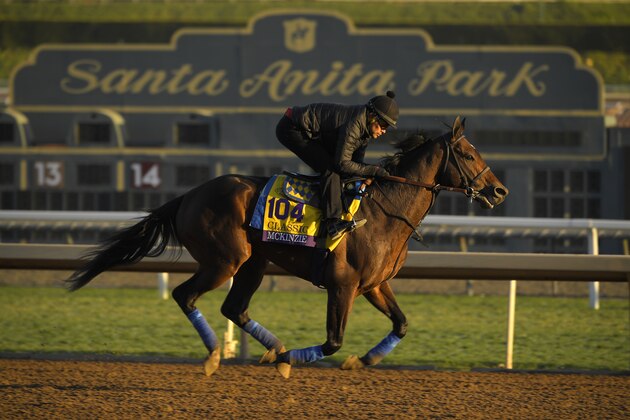 McKinzie, entered in the the Classic horse race, works out on the track at Santa Anita for the Breeders' Cup, Thursday, Oct. 31, 2019, in Arcadia, Calif. (AP Photo/Mark J. Terrill)