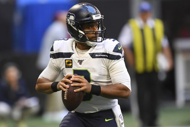 Seattle Seahawks quarterback Russell Wilson (3) works in the pocket against the Atlanta Falcons during the first half of an NFL football game, Sunday, Oct. 27, 2019, in Atlanta. (AP Photo/John Amis)
