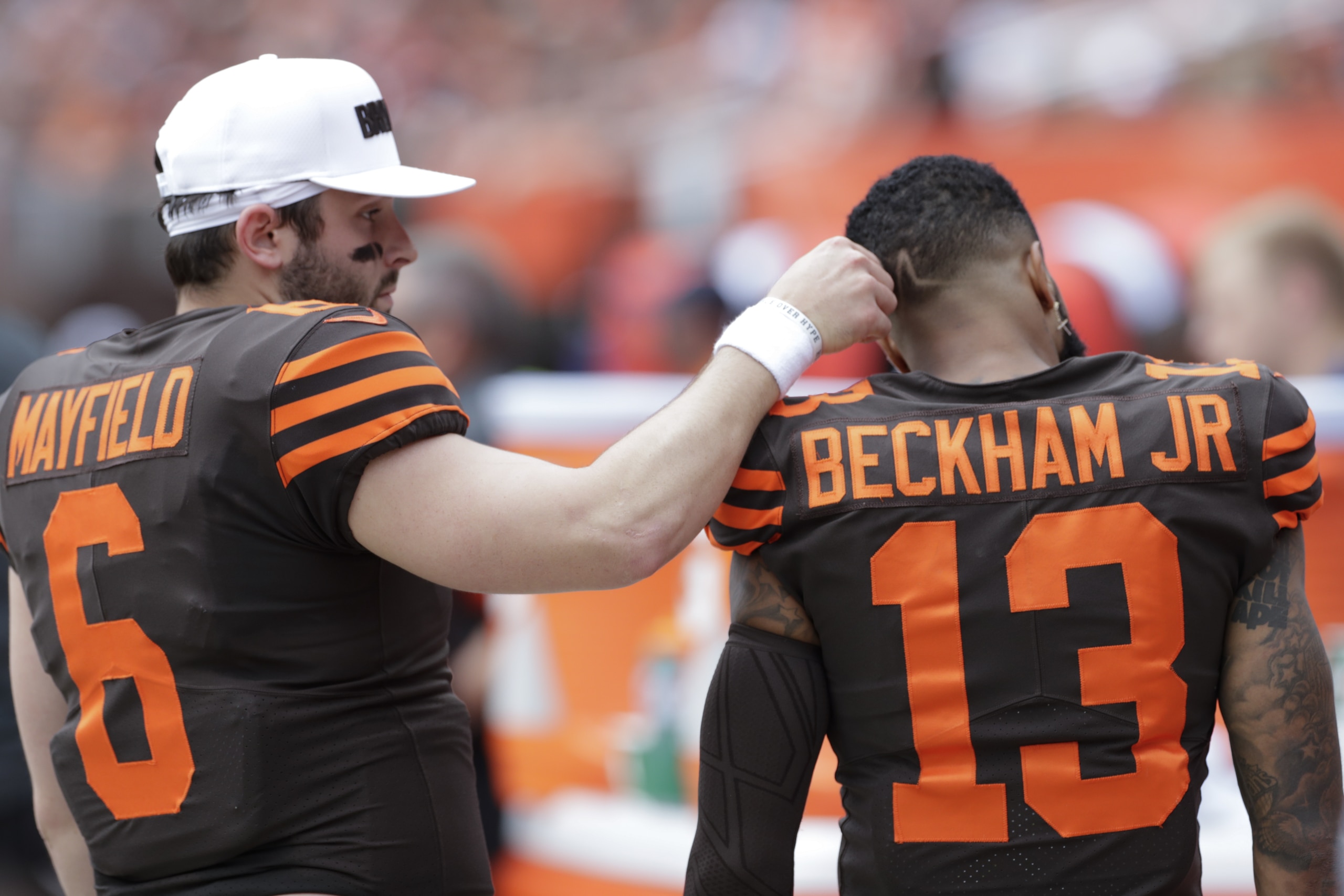 Cleveland Browns quarterback Baker Mayfield (6) stands on the sideline with Odell Beckham Jr. (13) during the first half in an NFL football game against the Tennessee Titans, Sunday, Sept. 8, 2019, in Cleveland. (AP Photo/Ron Schwane)