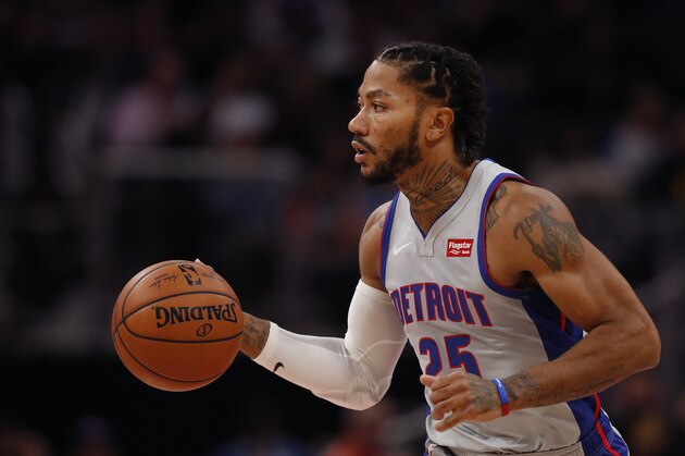 Detroit Pistons guard Derrick Rose brings the ball up court during the first half of an NBA basketball game, Saturday, Oct. 26, 2019, in Detroit. (AP Photo/Carlos Osorio)