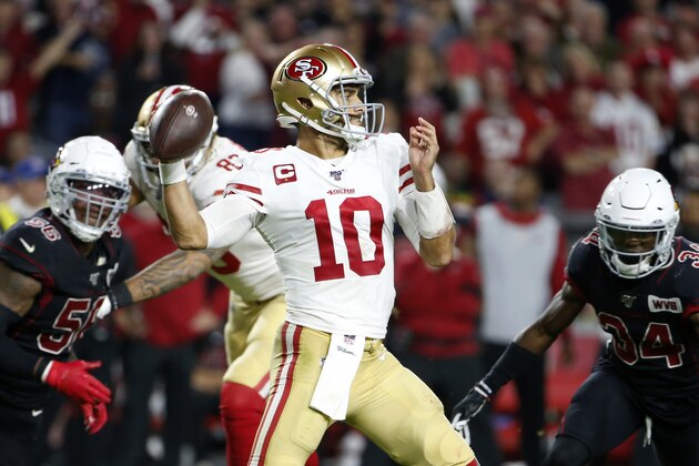 GLENDALE, ARIZONA - OCTOBER 31: Quarterback Jimmy Garoppolo #10 of the San Francisco 49ers throws a pass against the Arizona Cardinals during the second half of the NFL football game at State Farm Stadium on October 31, 2019 in Glendale, Arizona. (Photo by Ralph Freso/Getty Images) GLENDALE, ARIZONA - OCTOBER 31: Quarterback Jimmy Garoppolo #10 of the San Francisco 49ers throws a pass against the Arizona Cardinals during the second half of the NFL football game at State Farm Stadium on October 31, 2019 in Glendale, Arizona. (Photo by Ralph Freso/Getty Images)