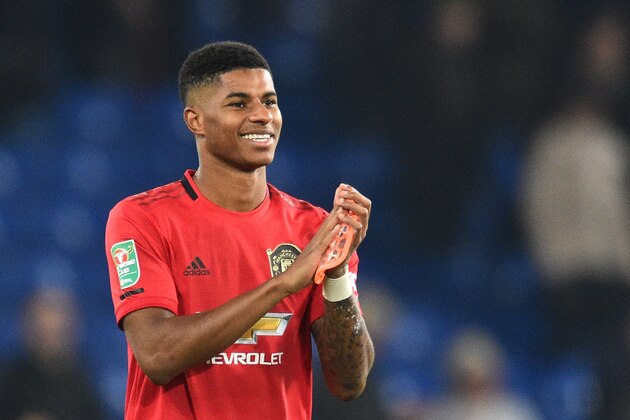 Manchester United's English striker Marcus Rashford gestures at the final whistle  during the English Leaguse Cup fourth round football match between Chelsea and Manchester United at Stamford Bridge in London on October 30, 2019. (Photo by Glyn KIRK / AFP) / RESTRICTED TO EDITORIAL USE. No use with unauthorized audio, video, data, fixture lists, club/league logos or 'live' services. Online in-match use limited to 75 images, no video emulation. No use in betting, games or single club/league/player publications. /  (Photo by GLYN KIRK/AFP via Getty Images)