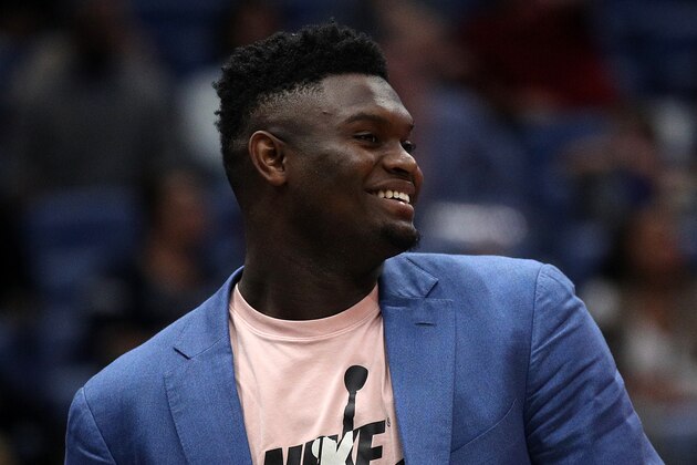 NEW ORLEANS, LOUISIANA - OCTOBER 28: Zion Williamson #1 of the New Orleans Pelicans looks on during the game against the Golden State Warriors at Smoothie King Center on October 28, 2019 in New Orleans, Louisiana. NOTE TO USER: User expressly acknowledges and agrees that, by downloading and/or using this photograph, user is consenting to the terms and conditions of the Getty Images License Agreement (Photo by Chris Graythen/Getty Images)