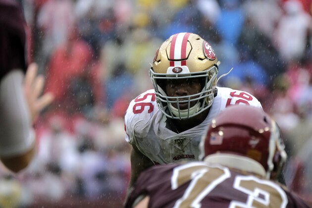 San Francisco 49ers middle linebacker Kwon Alexander (56) looks across the line of scrimmage during an NFL football game against the Washington Redskins, Sunday, Oct. 20, 2019, in Landover, Md. (AP Photo/Mark Tenally)