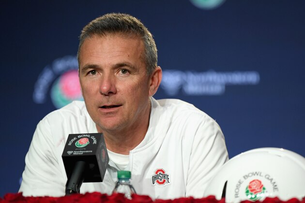 PASADENA, CA - JANUARY 01:  Ohio State Buckeyes head coach Urban Meyer speaks to the media after the Rose Bowl Game presented by Northwestern Mutual at the Rose Bowl on January 1, 2019 in Pasadena, California.  (Photo by Harry How/Getty Images)