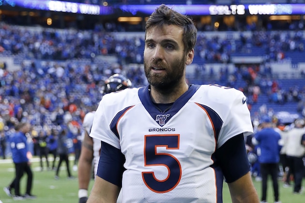 INDIANAPOLIS, INDIANA - OCTOBER 27: Joe Flacco #5 of the Denver Broncos walks off the field after a loss to the Indianapolis Colts at Lucas Oil Stadium on October 27, 2019 in Indianapolis, Indiana. (Photo by Justin Casterline/Getty Images)