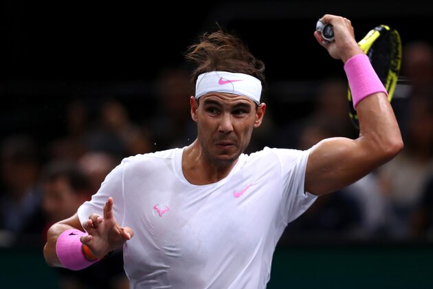 PARIS, FRANCE - NOVEMBER 01:  Rafael Nadal of Spain returns a forehand in his match against Jo-Wilfried Tsonga of France on day 5 of the Rolex Paris Masters, part of the ATP World Tour Masters 1000 held at the at AccorHotels Arena on November 01, 2019 in Paris, France. (Photo by Dean Mouhtaropoulos/Getty Images)
