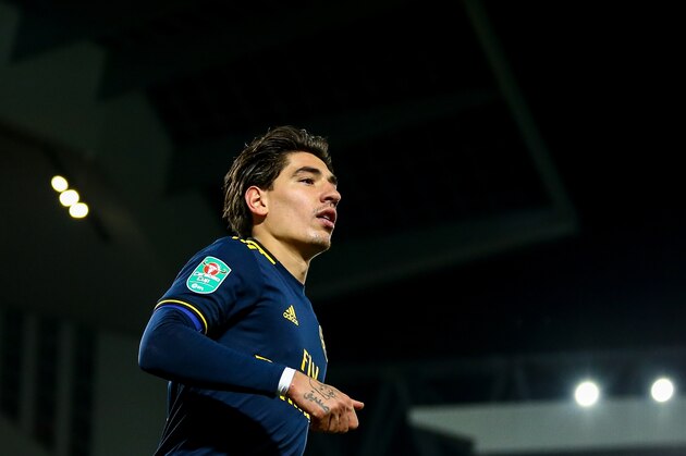 LIVERPOOL, ENGLAND - OCTOBER 30:  Hector Bellerin of Arsenal during the Carabao Cup Round of 16 match between Liverpool and Arsenal at Anfield on October 30, 2019 in Liverpool, England. (Photo by Robbie Jay Barratt - AMA/Getty Images)