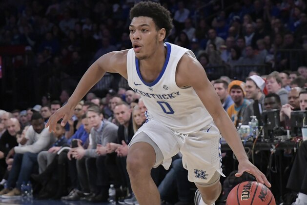 NEW YORK, NY - DECEMBER 8:  Quade Green #0 of the Kentucky Wildcats dribbles the ball against the Seton Hall Pirates during the Citi Hoops Classic at Madison Square Garden on December 8, 2018, in New York City. (Photo by Porter Binks/Getty Images)